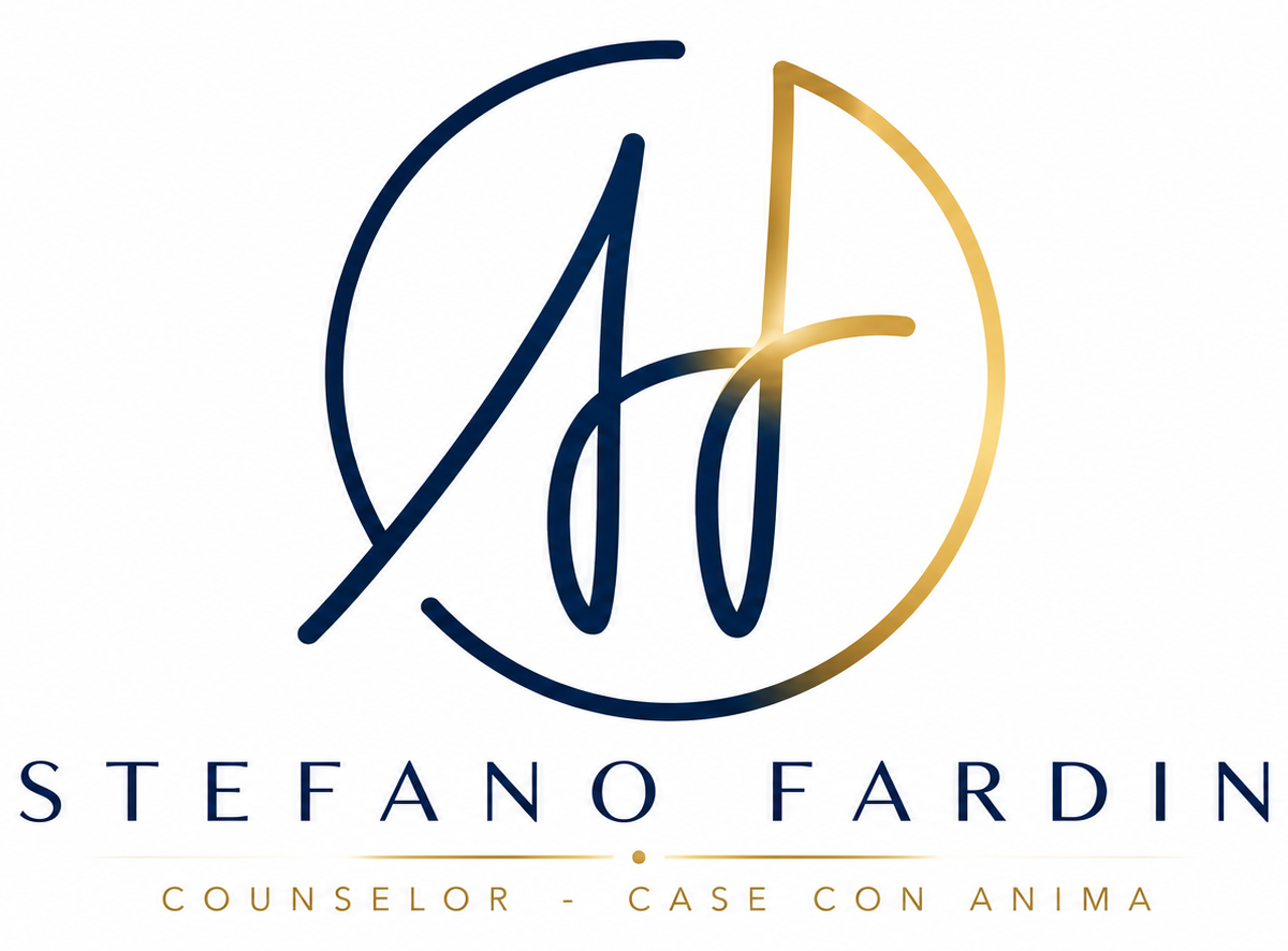 Logo di Stefano Fardin, counselor e curatore dell'anima delle case, con monogramma SF in blu e oro